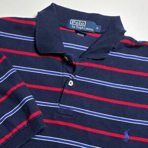 Polo Ralph Lauren Men's M Navy Blue Red Striped Short Sleeve Polo Shirt Vintage